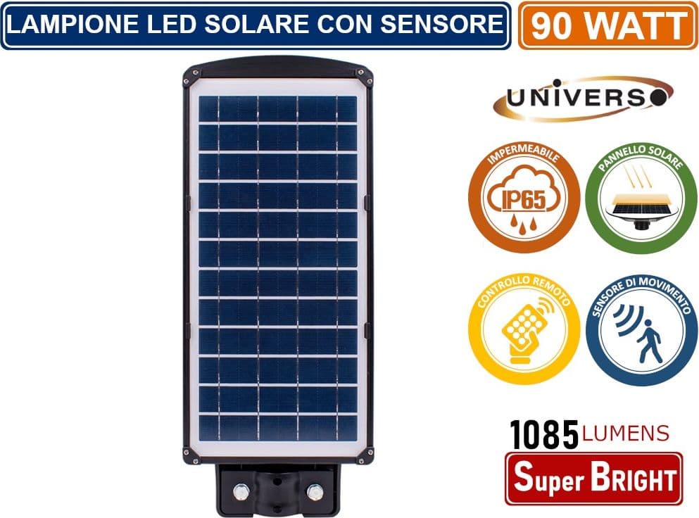 LAMPIONE STRADALE LED 90W CON PANNELLO SOLARE FOTOVOLTAICO E SENSORE DI MOVIMENTO IP65 1085 LUMEN - 3