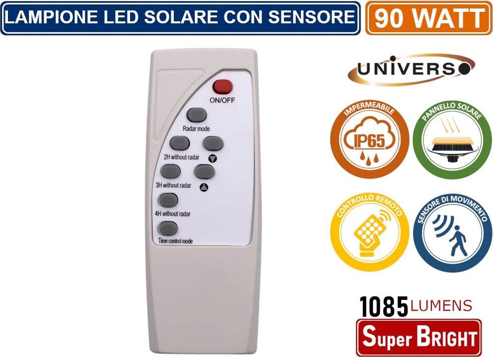 LAMPIONE STRADALE LED 90W CON PANNELLO SOLARE FOTOVOLTAICO E SENSORE DI MOVIMENTO IP65 1085 LUMEN - 5