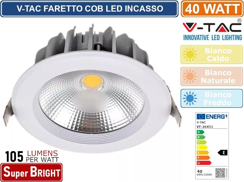 V-TAC VT-26451 FARETTO LED DA INCASSO ROTONDO 40W COB COLORE BIANCO - SKU 211279 / 211280 - 2