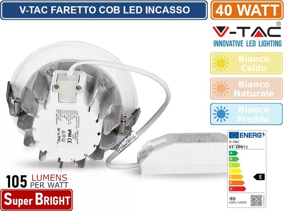 V-TAC VT-26451 FARETTO LED DA INCASSO ROTONDO 40W COB COLORE BIANCO - SKU 211279 / 211280 - 4