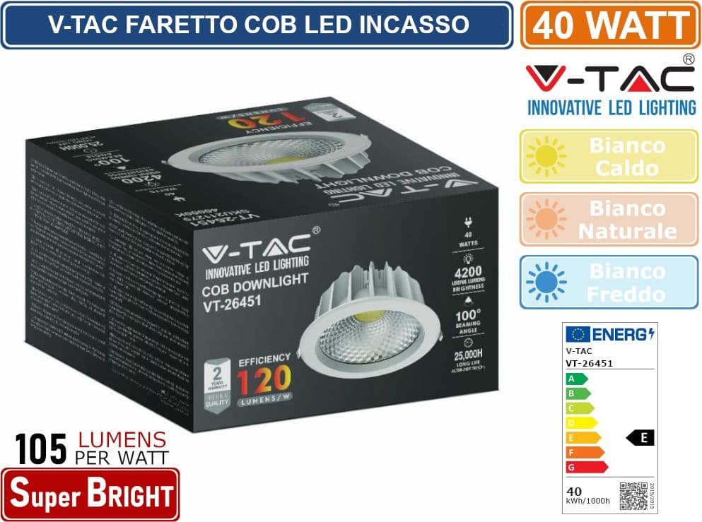 V-TAC VT-26451 FARETTO LED DA INCASSO ROTONDO 40W COB COLORE BIANCO - SKU 211279 / 211280 - 5