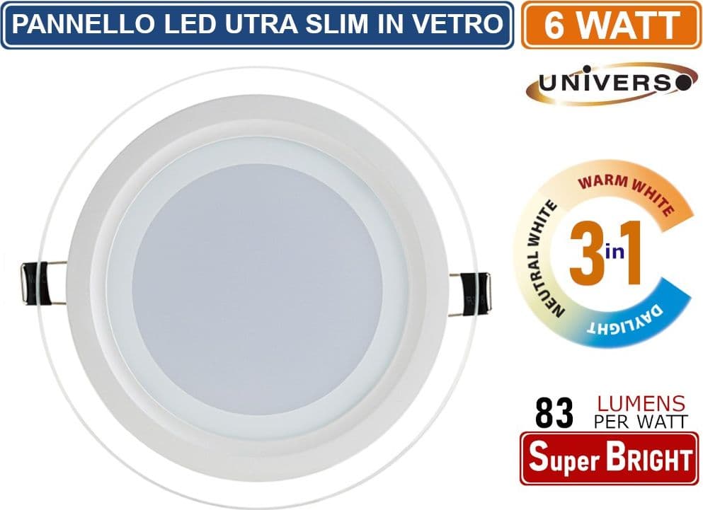 PANNELLO LED SLIM ROTONDO DA INCASSO CON CORNICE IN VETRO 6W 500 LUMEN CCT 3000K - 4000K - 6500K - 2