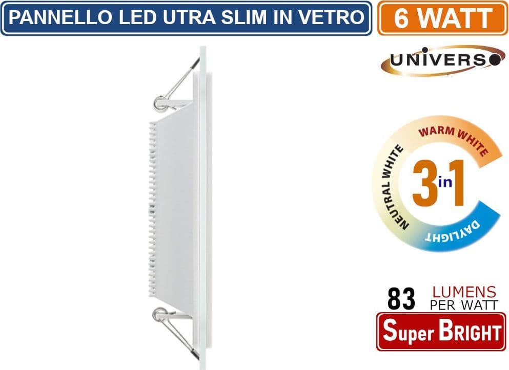 PANNELLO LED SLIM ROTONDO DA INCASSO CON CORNICE IN VETRO 6W 500 LUMEN CCT 3000K - 4000K - 6500K - 3