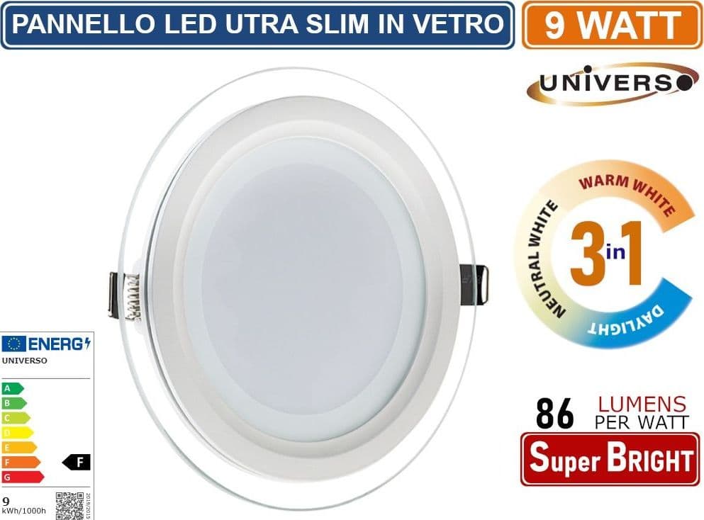 PANNELLO LED SLIM ROTONDO DA INCASSO CON CORNICE IN VETRO 9W 780 LUMEN CCT 3000K - 4000K - 6500K - 4