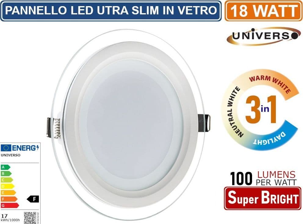 PANNELLO LED SLIM ROTONDO DA INCASSO CON CORNICE IN VETRO 18W 1800 LUMEN CCT 3000K - 4000K - 6500K - 4