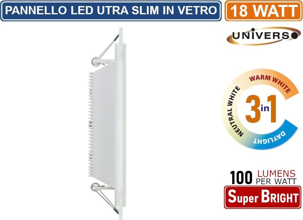 PANNELLO LED SLIM ROTONDO DA INCASSO CON CORNICE IN VETRO 18W 1800 LUMEN CCT 3000K - 4000K - 6500K - 3