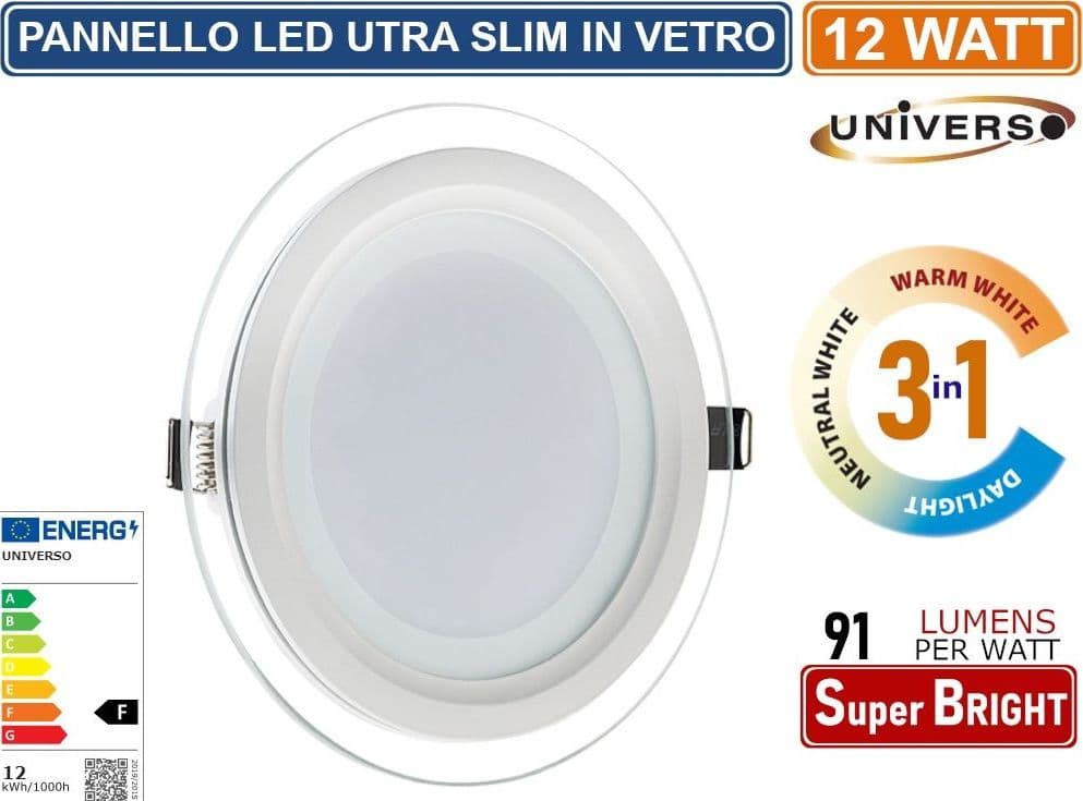 PANNELLO LED SLIM ROTONDO DA INCASSO CON CORNICE IN VETRO 12W 1100 LUMEN CCT 3000K - 4000K - 6500K - 4
