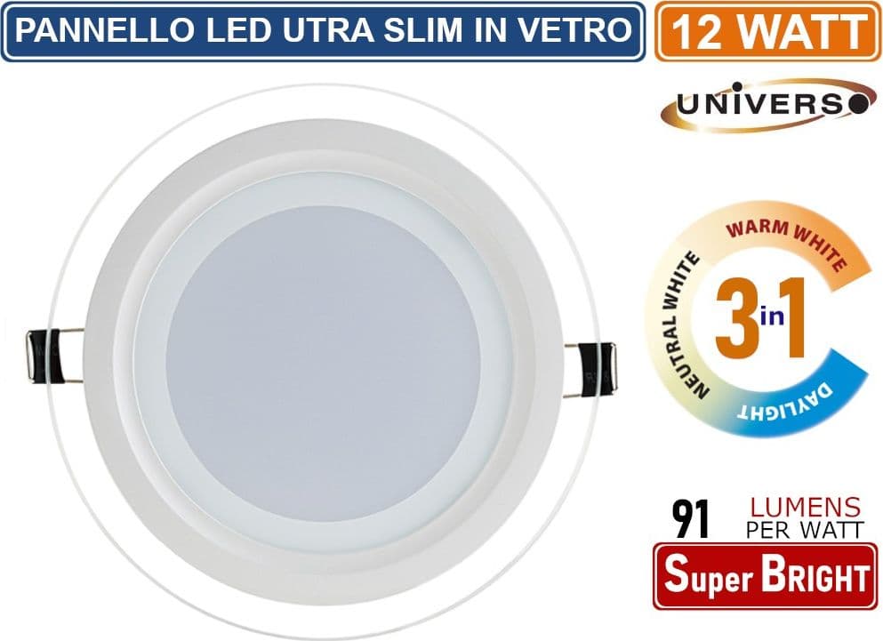 PANNELLO LED SLIM ROTONDO DA INCASSO CON CORNICE IN VETRO 12W 1100 LUMEN CCT 3000K - 4000K - 6500K - 2