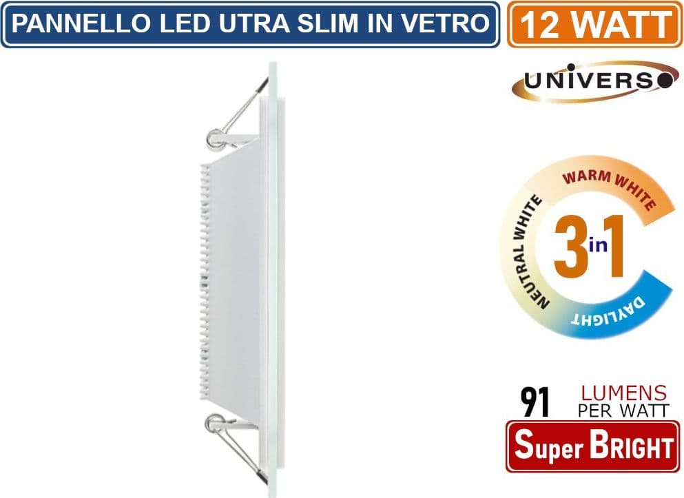 PANNELLO LED SLIM ROTONDO DA INCASSO CON CORNICE IN VETRO 12W 1100 LUMEN CCT 3000K - 4000K - 6500K - 3