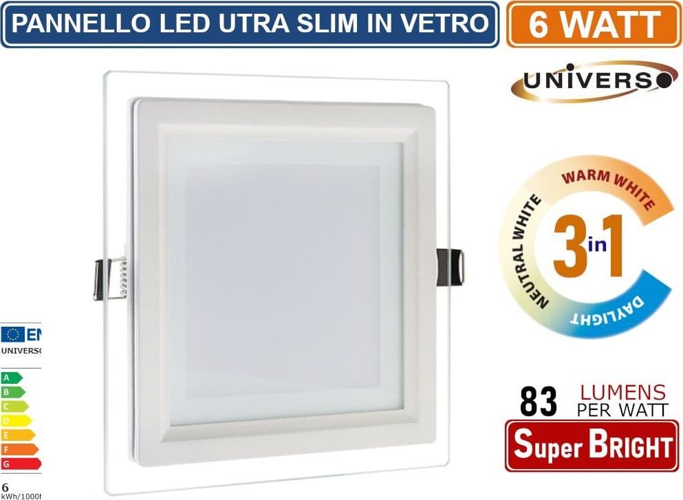 PANNELLO LED SLIM QUADRATO DA INCASSO CON CORNICE IN VETRO 6W 500 LUMEN CCT 3000K - 4000K - 6500K - 4