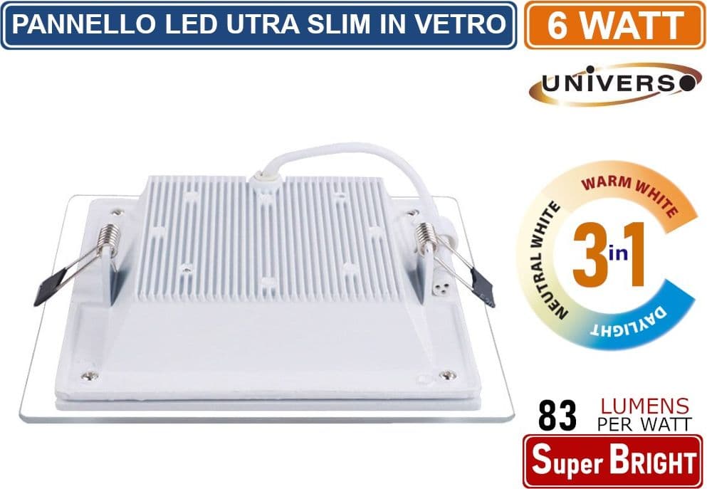 PANNELLO LED SLIM QUADRATO DA INCASSO CON CORNICE IN VETRO 6W 500 LUMEN CCT 3000K - 4000K - 6500K - 2