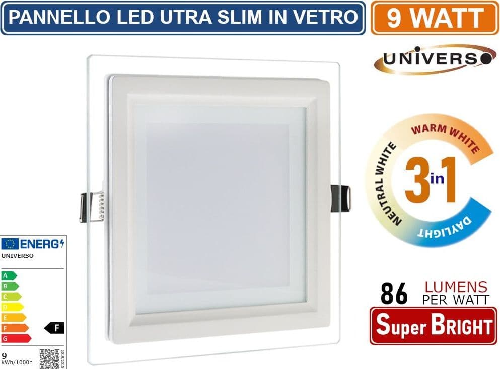 PANNELLO LED SLIM QUADRATO DA INCASSO CON CORNICE IN VETRO 9W 780 LUMEN CCT 3000K - 4000K - 6500K - 4