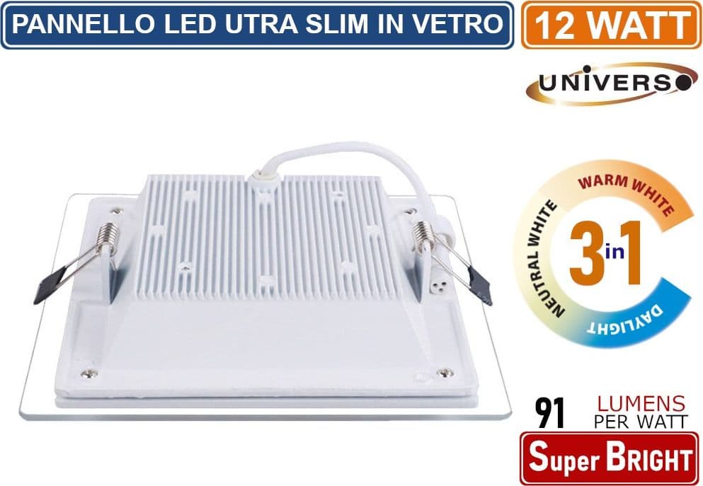 PANNELLO LED SLIM QUADRATO DA INCASSO CON CORNICE IN VETRO 12W 1100 LUMEN CCT 3000K - 4000K - 6500K - 2