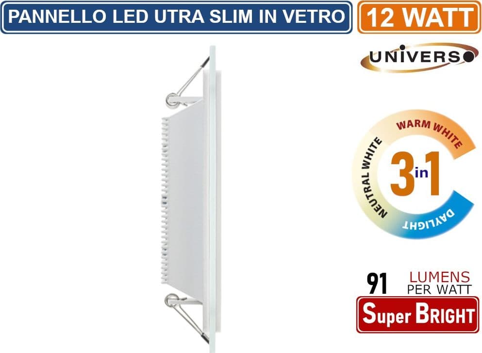 PANNELLO LED SLIM QUADRATO DA INCASSO CON CORNICE IN VETRO 12W 1100 LUMEN CCT 3000K - 4000K - 6500K - 3