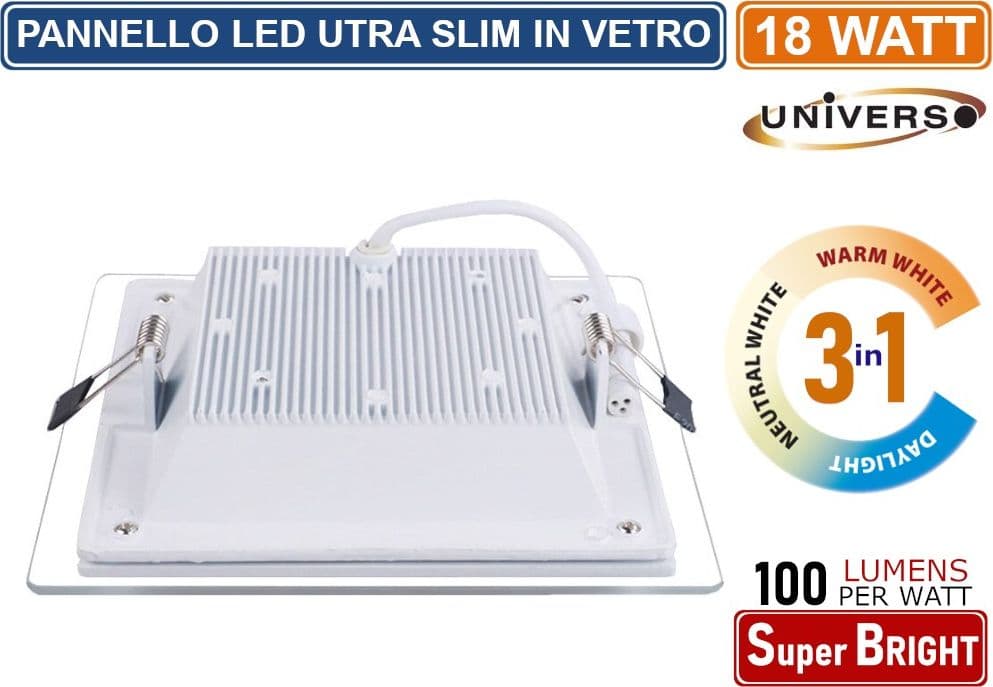 PANNELLO LED SLIM QUADRATO DA INCASSO CON CORNICE IN VETRO 18W 1800 LUMEN CCT 3000K - 4000K - 6500K - 2