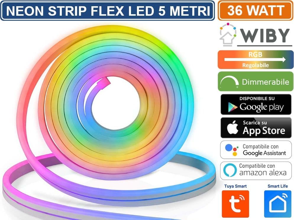 WIBY STRISCIA LED NEON FLEX MULTICOLORE RGB INTELLIGENTE 5 METRI 36W WIFI GESTIBILE DA APP TUYA SMART LIFE  DIMMERABILE - 2