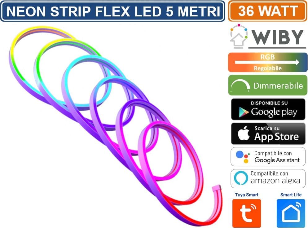 WIBY STRISCIA LED NEON FLEX MULTICOLORE RGB INTELLIGENTE 5 METRI 36W WIFI GESTIBILE DA APP TUYA SMART LIFE  DIMMERABILE - 3