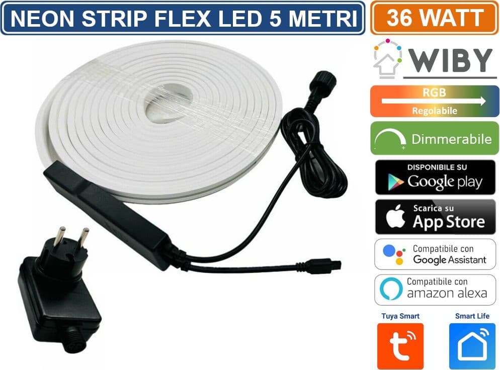 WIBY STRISCIA LED NEON FLEX MULTICOLORE RGB INTELLIGENTE 5 METRI 36W WIFI GESTIBILE DA APP TUYA SMART LIFE  DIMMERABILE - 4