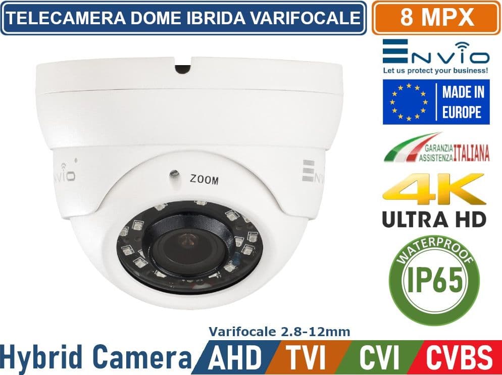 TELECAMERA DOME IBRIDA 4in1 AHD TVI CVI CVBS OTTICA VARIFOCALE 2.8-12mm 8MP 4K ULTRA HD 24 SMD IR LED IP65 - 2