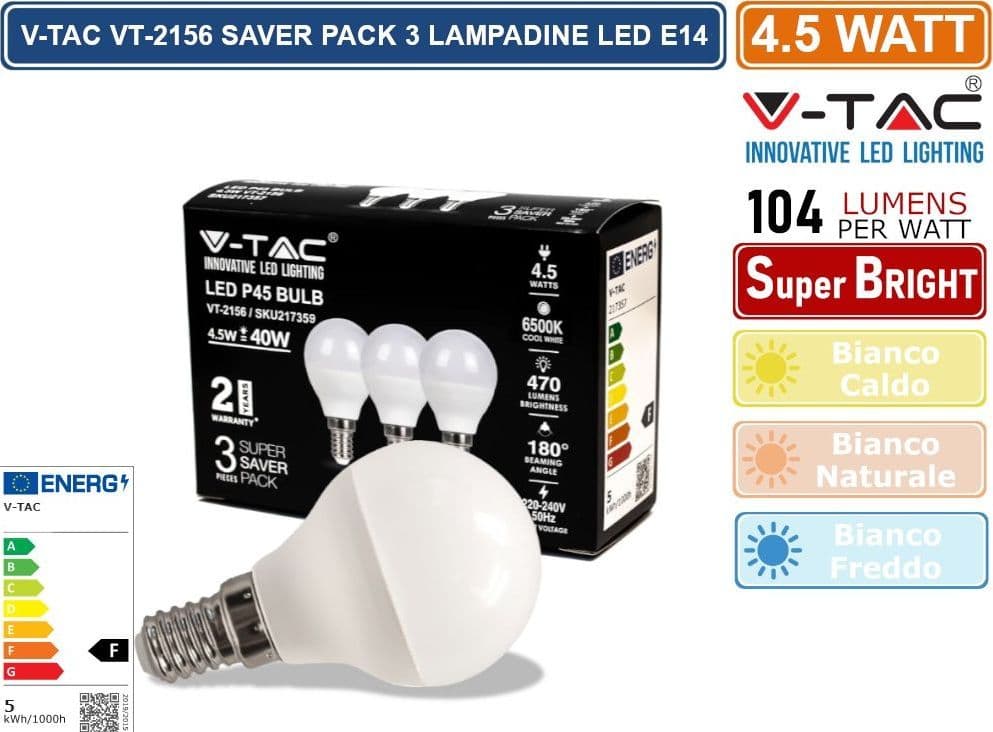 V-TAC VT-2156 SUPER SAVER PACK CONFEZIONE 3 LAMPADINE LED E14 4,5W MINIGLOBO - SKU 217357 - 217359 - 3