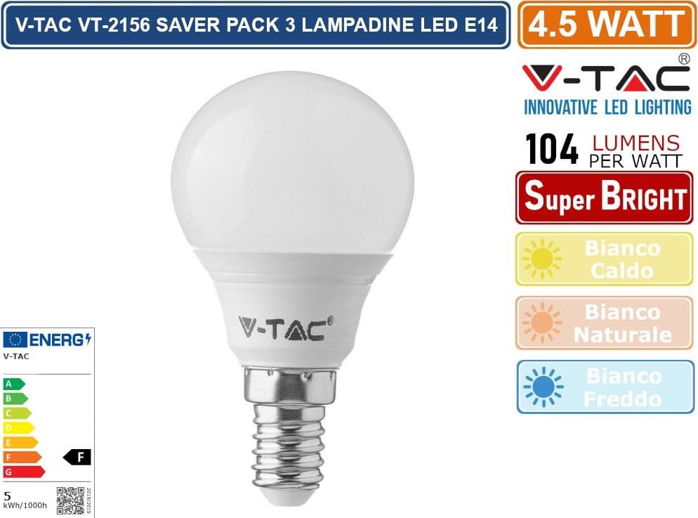 V-TAC VT-2156 SUPER SAVER PACK CONFEZIONE 3 LAMPADINE LED E14 4,5W MINIGLOBO - SKU 217357 - 217359 - 2