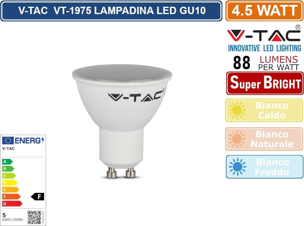 V-TAC VT-1975 LAMPADINA LED GU10 4,5W FARETTO SPOTLIGHT 100° - SKU 211685 / 211686 / 211687 - 2
