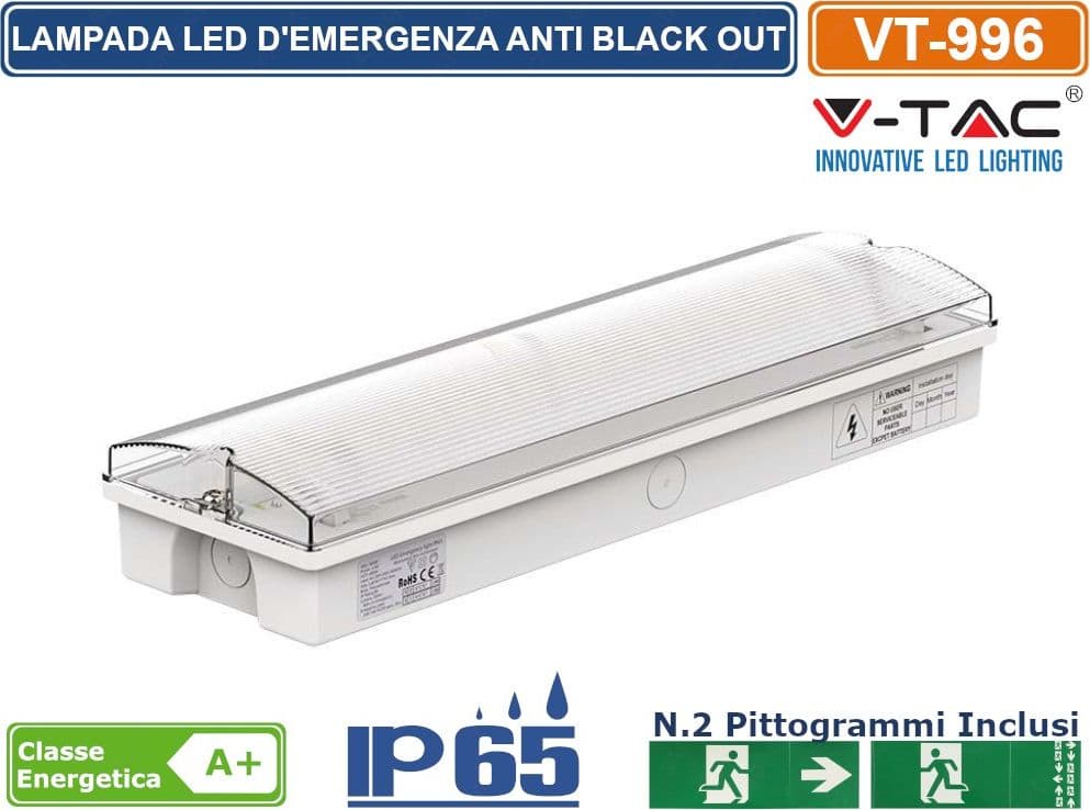 V-TAC VT-996 LAMPADA LED PER USCITA DI EMERGENZA 3W SMD IP65 CON FUNZIONE SELF TEST - SKU 7687