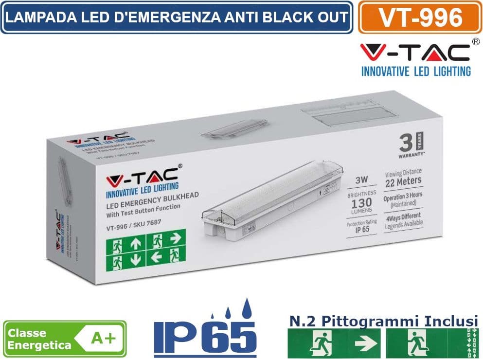 V-TAC VT-996 LAMPADA LED PER USCITA DI EMERGENZA 3W SMD IP65 CON FUNZIONE SELF TEST - SKU 7687 - 2