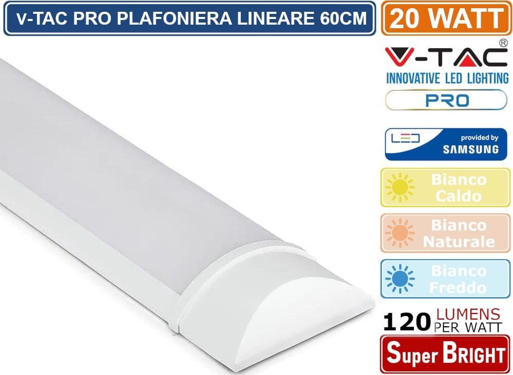 V-TAC PRO VT-8-20 TUBO LED PRISMATICO PLAFONIERA 20W CHIP SAMSUNG LAMPADINA 60CM - SKU 20347 / 20348 / 20349 - 2