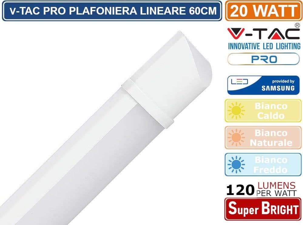 V-TAC PRO VT-8-20 TUBO LED PRISMATICO PLAFONIERA 20W CHIP SAMSUNG LAMPADINA 60CM - SKU 20347 / 20348 / 20349 - 3