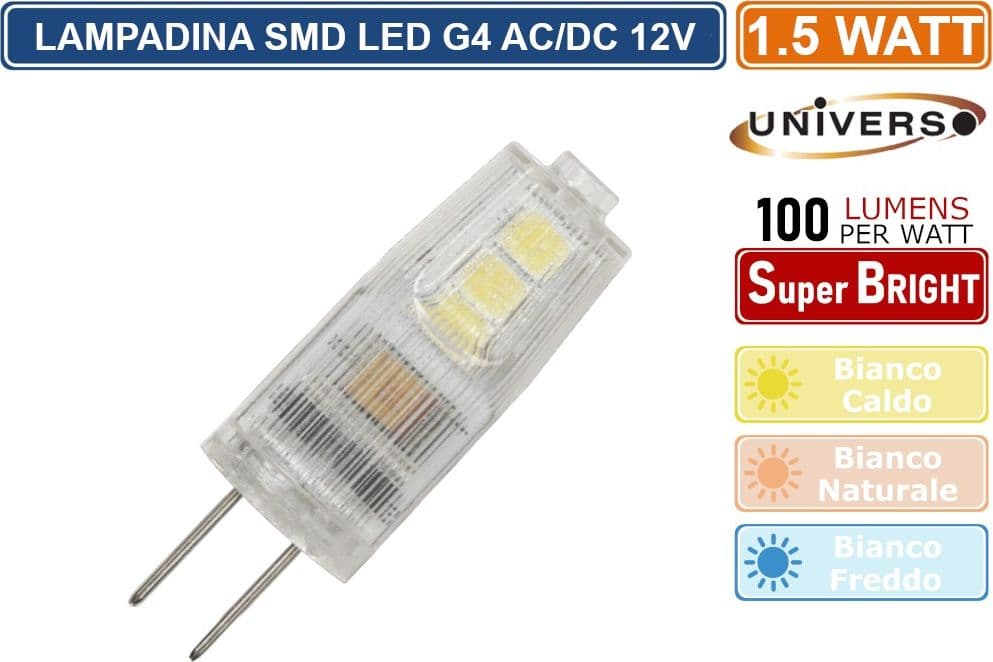 CONFEZIONE 15 PEZZI UNIVERSO LAMPADINA LED ATTACCO G4 AC/DC 12V POTENZA 1.5W - 150 LUMEN - 3000K 4000K 6500K - 3