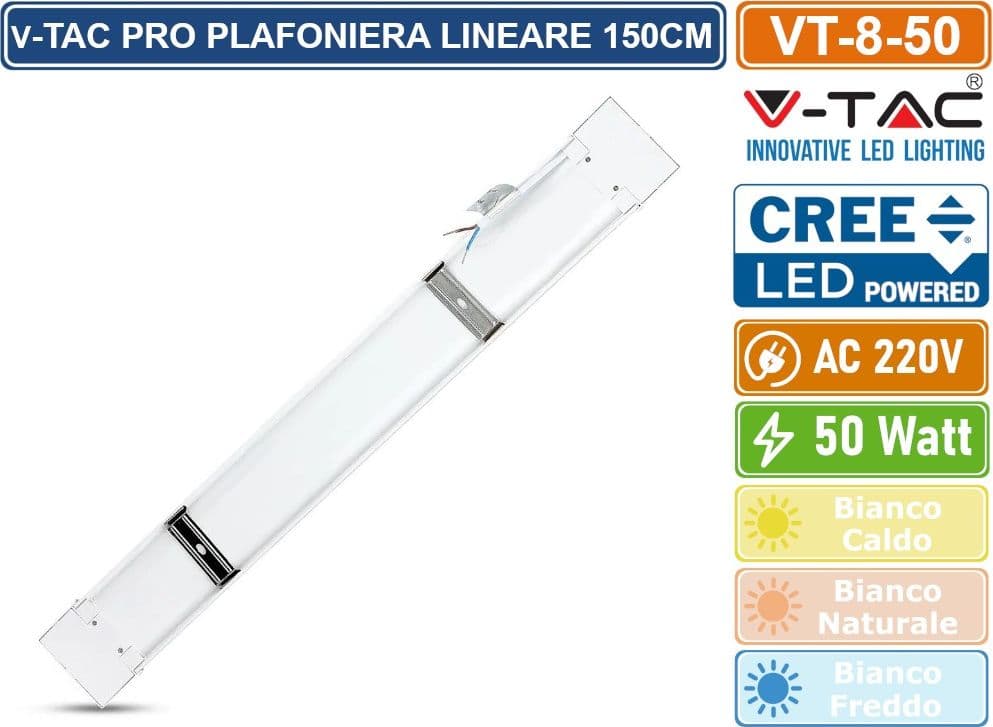 V-TAC VT-8-50 TUBO LED PRISMATICO PLAFONIERA 50W LAMPADINA 150CM CHIP LED CREE IP20- SKU 203546 / 203556 - 3