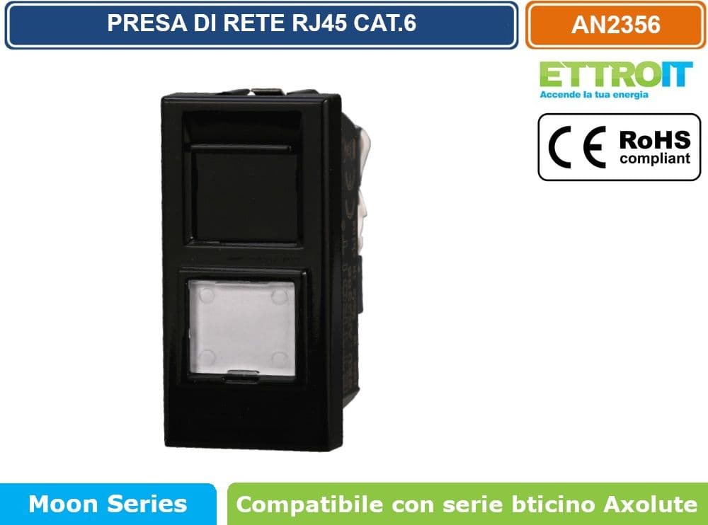 MODULO CONNETTORE DI RETE RJ45 8 PIN UTP CAT 6 1P NERO COMPATIBILE BTICINO SERIE AXOLUTE - ETTROIT