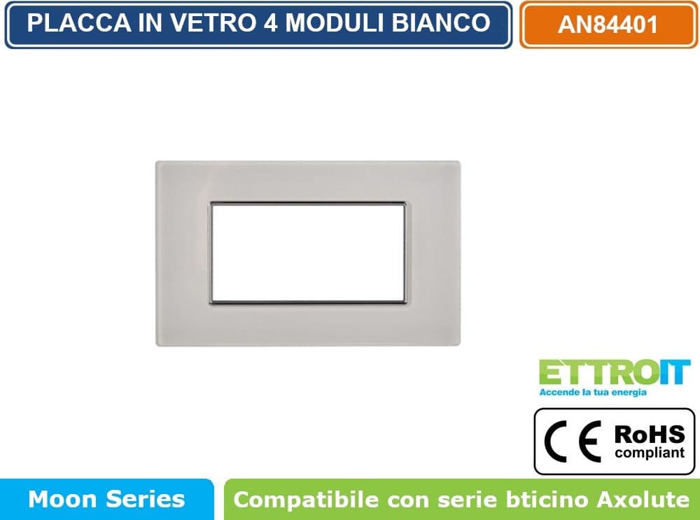 PLACCA IN VETRO COLORE BIANCO COMPATIBILE CON SERIE BTICINO AXOLUTE 3 - 4 - 6 MODULI ETTROIT AN84 - 3