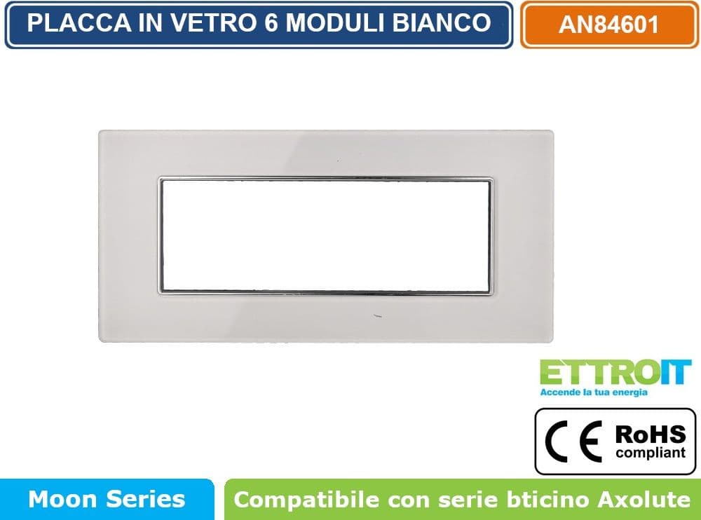 PLACCA IN VETRO COLORE BIANCO COMPATIBILE CON SERIE BTICINO AXOLUTE 3 - 4 - 6 MODULI ETTROIT AN84 - 4
