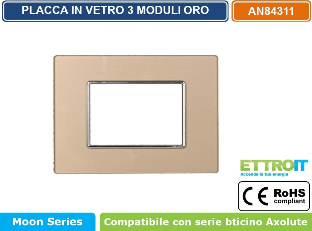 PLACCA IN VETRO COLORE ORO COMPATIBILE CON SERIE BTICINO AXOLUTE 3 - 4 - 6 MODULI ETTROIT AN84 - 2