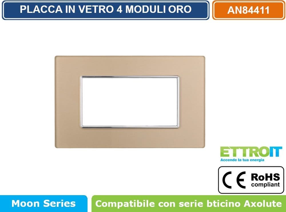 PLACCA IN VETRO COLORE ORO COMPATIBILE CON SERIE BTICINO AXOLUTE 3 - 4 - 6 MODULI ETTROIT AN84 - 3