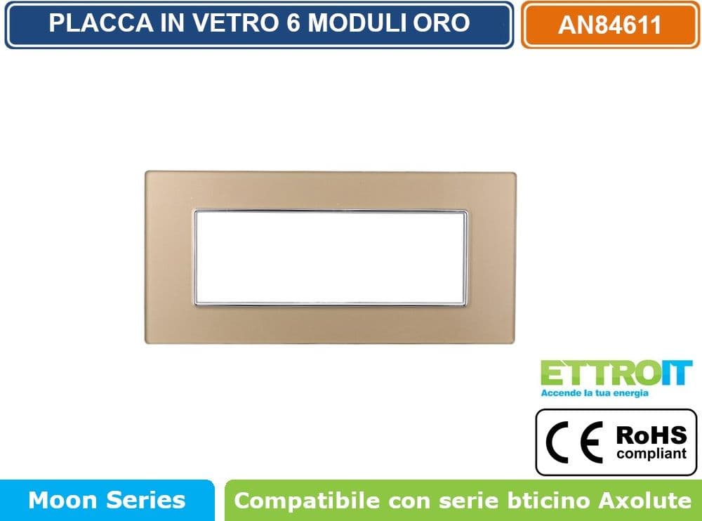 PLACCA IN VETRO COLORE ORO COMPATIBILE CON SERIE BTICINO AXOLUTE 3 - 4 - 6 MODULI ETTROIT AN84 - 4