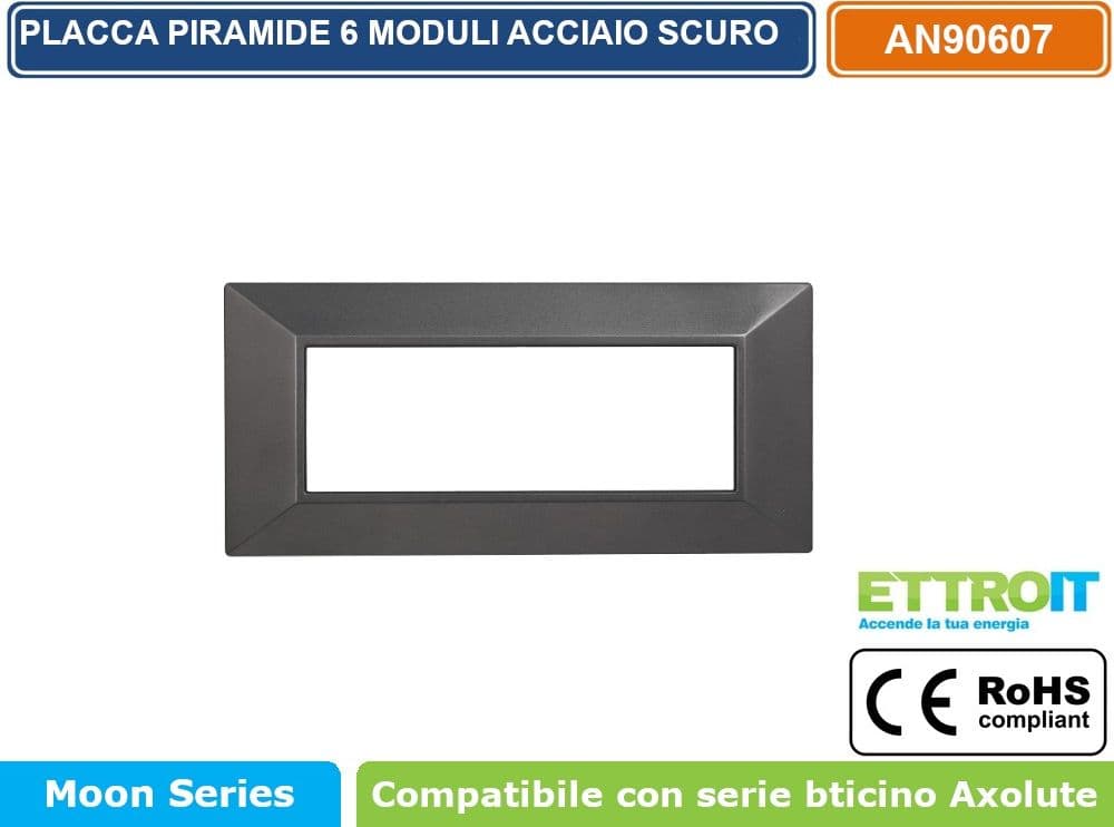 PLACCA PIRAMIDE COLORE ACCIAIO SCURO COMPATIBILE CON SERIE BTICINO AXOLUTE 3 - 4 - 6 MODULI ETTROIT AN90 - 4