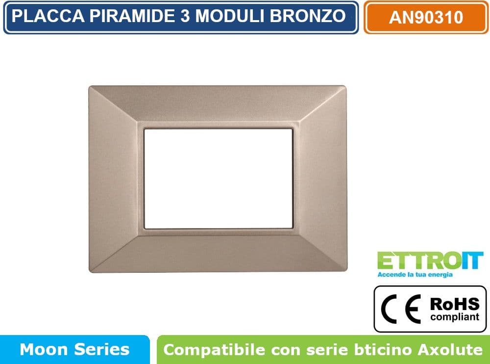 PLACCA PIRAMIDE COLORE BRONZO COMPATIBILE CON SERIE BTICINO AXOLUTE 3 - 4 - 6 MODULI ETTROIT AN90 - 2