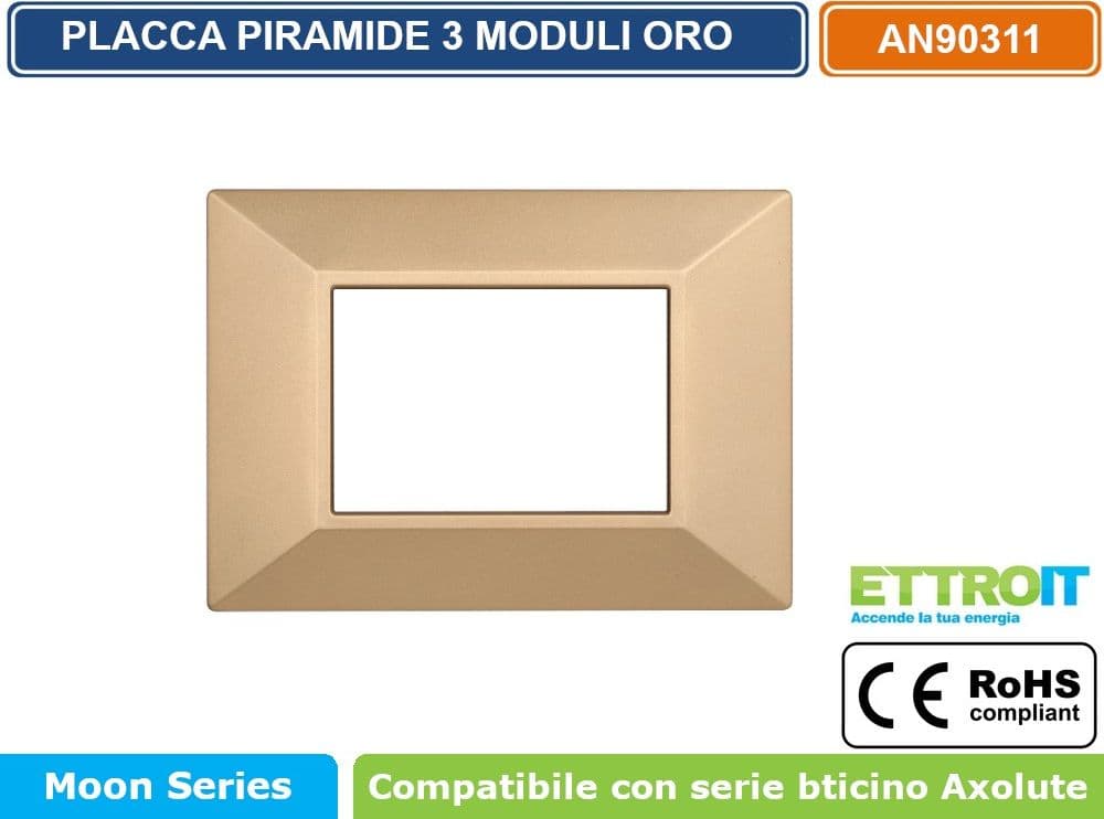PLACCA PIRAMIDE COLORE ORO COMPATIBILE CON SERIE BTICINO AXOLUTE 3 - 4 - 6 MODULI ETTROIT AN90 - 2