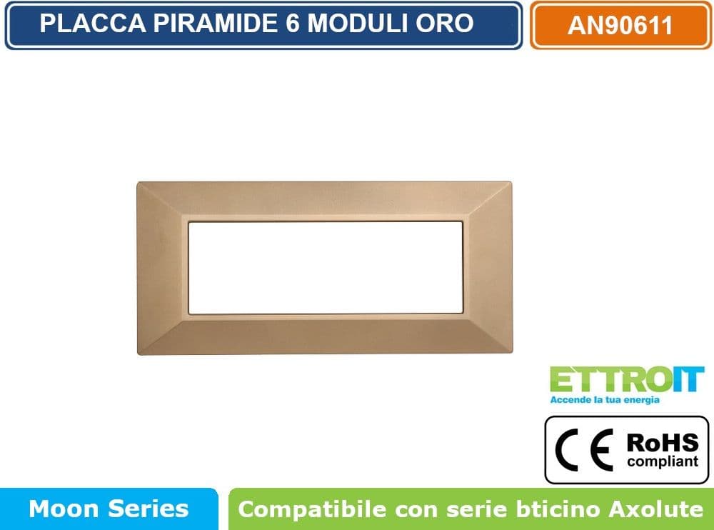 PLACCA PIRAMIDE COLORE ORO COMPATIBILE CON SERIE BTICINO AXOLUTE 3 - 4 - 6 MODULI ETTROIT AN90 - 4