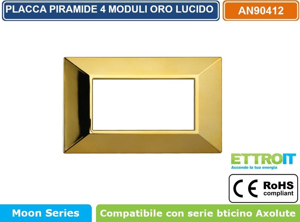 PLACCA PIRAMIDE COLORE ORO LUCIDO COMPATIBILE CON SERIE BTICINO AXOLUTE 3 - 4 - 6 MODULI ETTROIT AN90 - 3