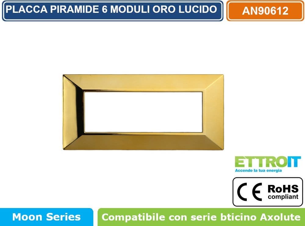 PLACCA PIRAMIDE COLORE ORO LUCIDO COMPATIBILE CON SERIE BTICINO AXOLUTE 3 - 4 - 6 MODULI ETTROIT AN90 - 4