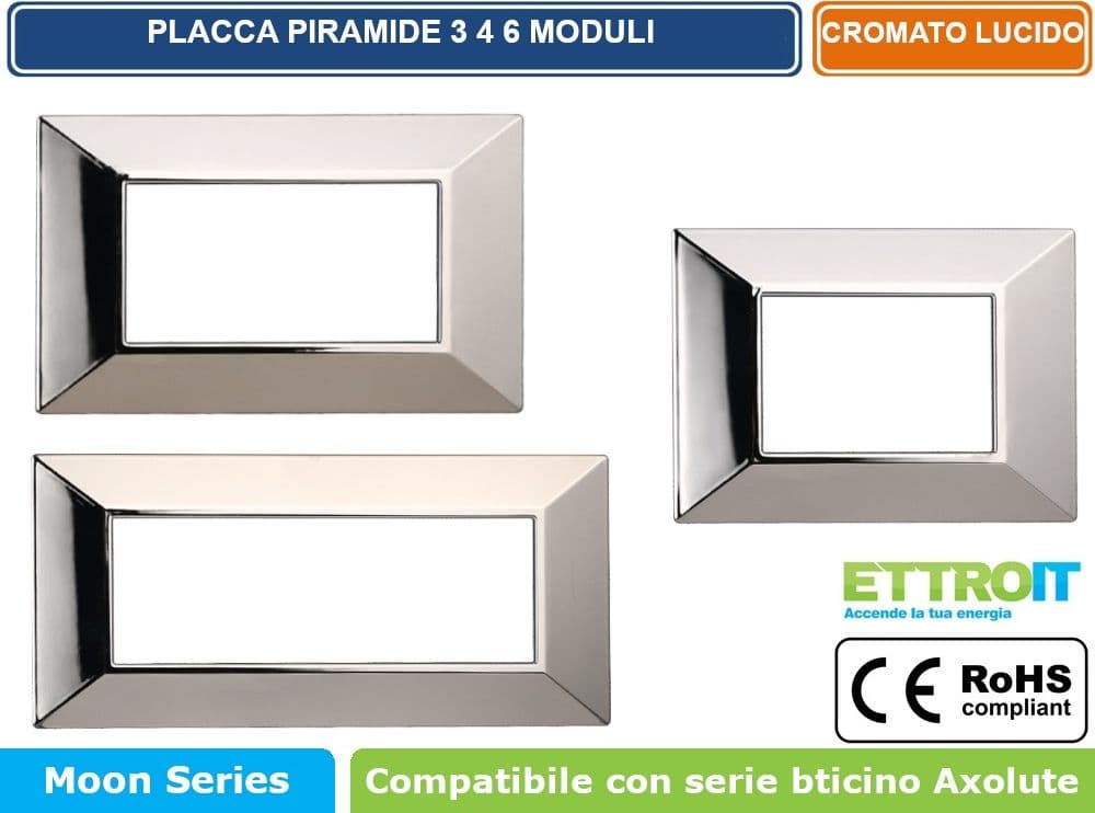 PLACCA PIRAMIDE COLORE CROMATO LUCIDO COMPATIBILE CON SERIE BTICINO AXOLUTE 3 - 4 - 6 MODULI ETTROIT AN90