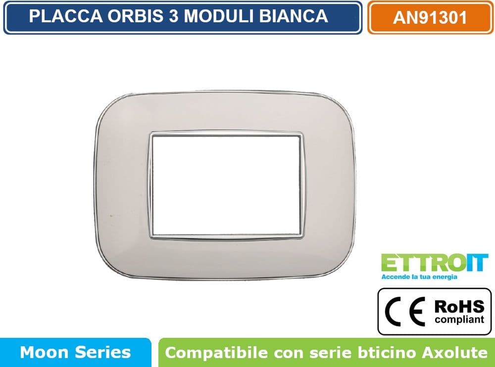 PLACCA ORBIS COLORE BIANCO COMPATIBILE CON SERIE BTICINO AXOLUTE 3 - 4 - 6 MODULI ETTROIT AN91 - 2