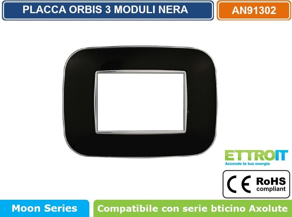 PLACCA ORBIS COLORE NERO COMPATIBILE CON SERIE BTICINO AXOLUTE 3 - 4 - 6 MODULI ETTROIT AN91 - 2