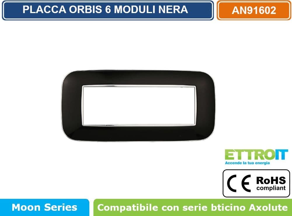 PLACCA ORBIS COLORE NERO COMPATIBILE CON SERIE BTICINO AXOLUTE 3 - 4 - 6 MODULI ETTROIT AN91 - 4