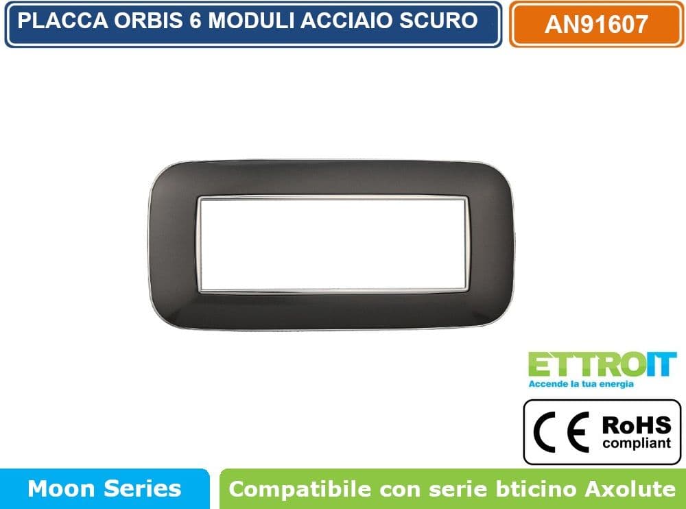 PLACCA ORBIS COLORE ACCIAIO SCURO COMPATIBILE CON SERIE BTICINO AXOLUTE 3 - 4 - 6 MODULI ETTROIT AN91 - 4