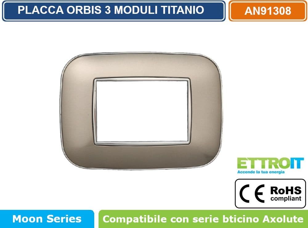PLACCA ORBIS COLORE TITANIO COMPATIBILE CON SERIE BTICINO AXOLUTE 3 - 4 - 6 MODULI ETTROIT AN91 - 2